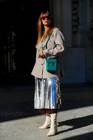 blazer, blue bag, checked, glitter, green bag, grey jacket, houndstooth pattern, leather bag, leather shoes, plaid, pleated skirt, sequined skirt, shiny skirt, silver skirt, sunglasses, white shoes, PARIS, PFW, street style, jonathan paciullo, FW, frenchystyle, fashion week, AUTUMN WINTER 2019-2020, AW 19-20, FALL WINTER 2019-2020, FW 19-20, vertical, full length