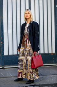 black jacket, black shoes, blazer, brown belt, brown dress, graphic dress, leather bag, leather shoes, linda tol, printed dress, red bag, fashion week, frenchystyle, FW, jonathan paciullo, street style, PFW, PARIS, AUTUMN WINTER 2019-2020, AW 19-20, FALL WINTER 2019-2020, FW 19-20, vertical, full length