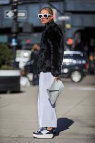 AUTUMN WINTER 2016-2017, AW 16-17, black and white wedges, black fur, black jacket, black sneakers, celine aagaard, céline, embroidered pants, fashion week, frenchystyle, full length, fur jacket, FW, FW 16-17, jonathan paciullo, leather bag, leather clutch, leather sneakers, NEW YORK, NYFW, sequined, sequined pants, shiny, street style, vertical, white bag, white clutch, white pants, woman