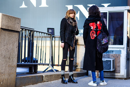 adidas, atmosphere details, AUTUMN WINTER 2016-2017, AW 16-17, backpack, balenciaga, black boots, black coat, black denim, black jacket, blue denim, denim pants, FALL WINTER 2016-2017, fashion week, frenchystyle, full length, fur collar, FW, FW 16-17, horizontal, jeans, jonathan paciullo, leather boots, leather sneakers, long coat, NEW YORK, NYFW, printed bag, printed coat, ripped pants, skinny jeans, stan smith, street style, trousers, white sneakers, woman