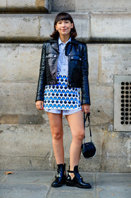 black bag, black boots, black jacket, black perfecto, blue shirt, blue skirt, clara cornet, courrèges, fashion week, frenchystyle, full length, FW, graphic skirt, jonathan paciullo, leather bag, leather jacket, leather perfecto, leather shoes, loewe, PARIS, PFW, printed skirt, SPRING SUMMER 2017, SS 17, street style, vertical