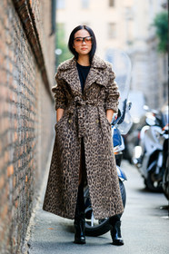 animal print, black shoes, black top, brown coat, graphic jacket, high boots, high heels, leather shoes, leopard, printed jacket, sunglasses, trench coat, yoyo cao, fashion week, frenchystyle, FW, jonathan paciullo, street style, MFW, MILAN, SPRING SUMMER 2019, SS 19, vertical, full length