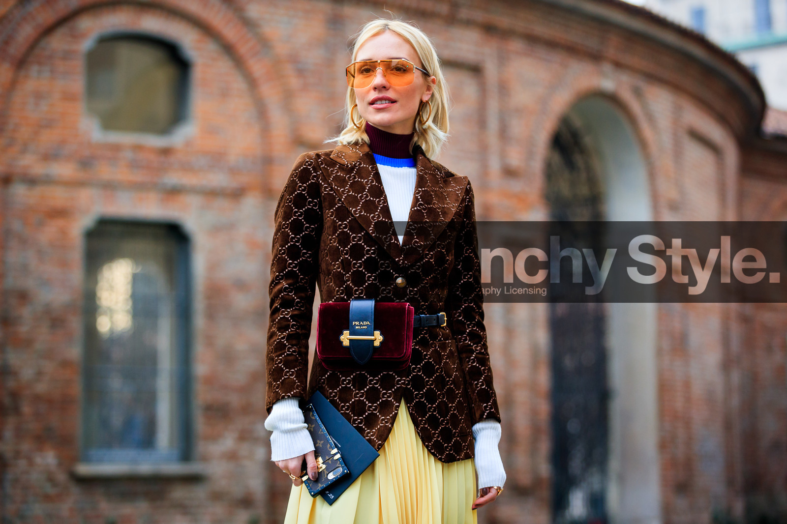 bordeaux, brown jacket, burgundy, checked, fanny pack, graphic jacket, leather bag, plaid, pleated skirt, prada, printed jacket, red bag, sunglasses, turtleneck sweater, velvet, white sweater, yellow skirt, fashion week, frenchystyle, FW, jonathan paciullo, street style, MFW, MILAN, AUTUMN WINTER 2018-2019, FALL WINTER 2018-2019, FW 18-19, horizontal, atmosphere details, viktoria rader