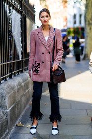 black and white loafers, black and white shoes, black pants, blazer, checked, embroideries, feathers, graphic jacket, houndstooth pattern, leather bag, leather shoes, plaid, printed jacket, purple bag, red jacket, red lips, trousers, fashion week, frenchystyle, FW, jonathan paciullo, street style, LFW, LONDON, SPRING SUMMER 2019, SS 19, vertical, full length