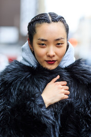 atmosphere details, AUTUMN WINTER 2016-2017, AW 16-17, black, black fur, black jacket, blue, braids, detail, FALL WINTER 2016-2017, fashion week, frenchystyle, fur jacket, FW, FW 16-17, grey, grey sweater, hoodie, ji young kwak, jonathan paciullo, model, NEW YORK, NYFW, street style, vertical, woman