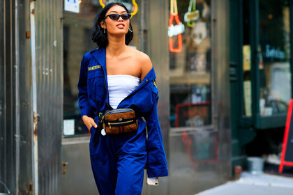blue jumpsuit, blue overall, brown bag, bustier top, fanny pack, graphic bag, gucci, leather bag, printed bag, sunglasses, trousers, white top, street style, jonathan paciullo, FW, frenchystyle, fashion week, NYFW, NEW YORK, SPRING SUMMER 2019, SS 19, atmosphere details, horizontal, detail