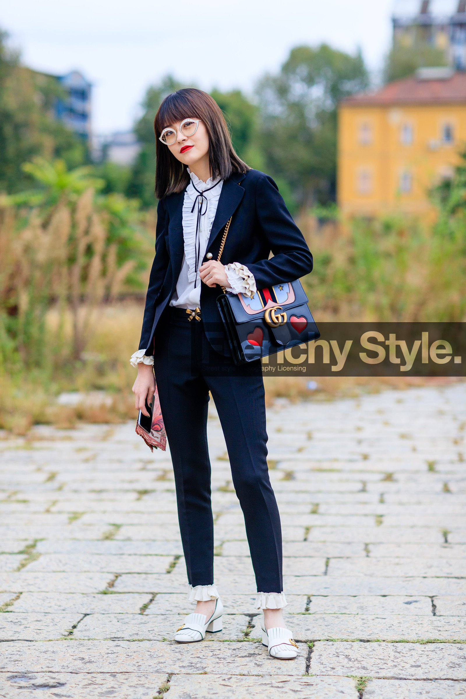 black jacket, black pants, black suit, blazer, blue bag, fashion week, fil xiaobai, frenchystyle, full length, FW, gucci, jonathan paciullo, leather bag, leather shoes, MFW, MILAN, printed bag, red lips, silver shoes, SPRING SUMMER 2017, SS 17, street style, trousers, vertical, white shirt