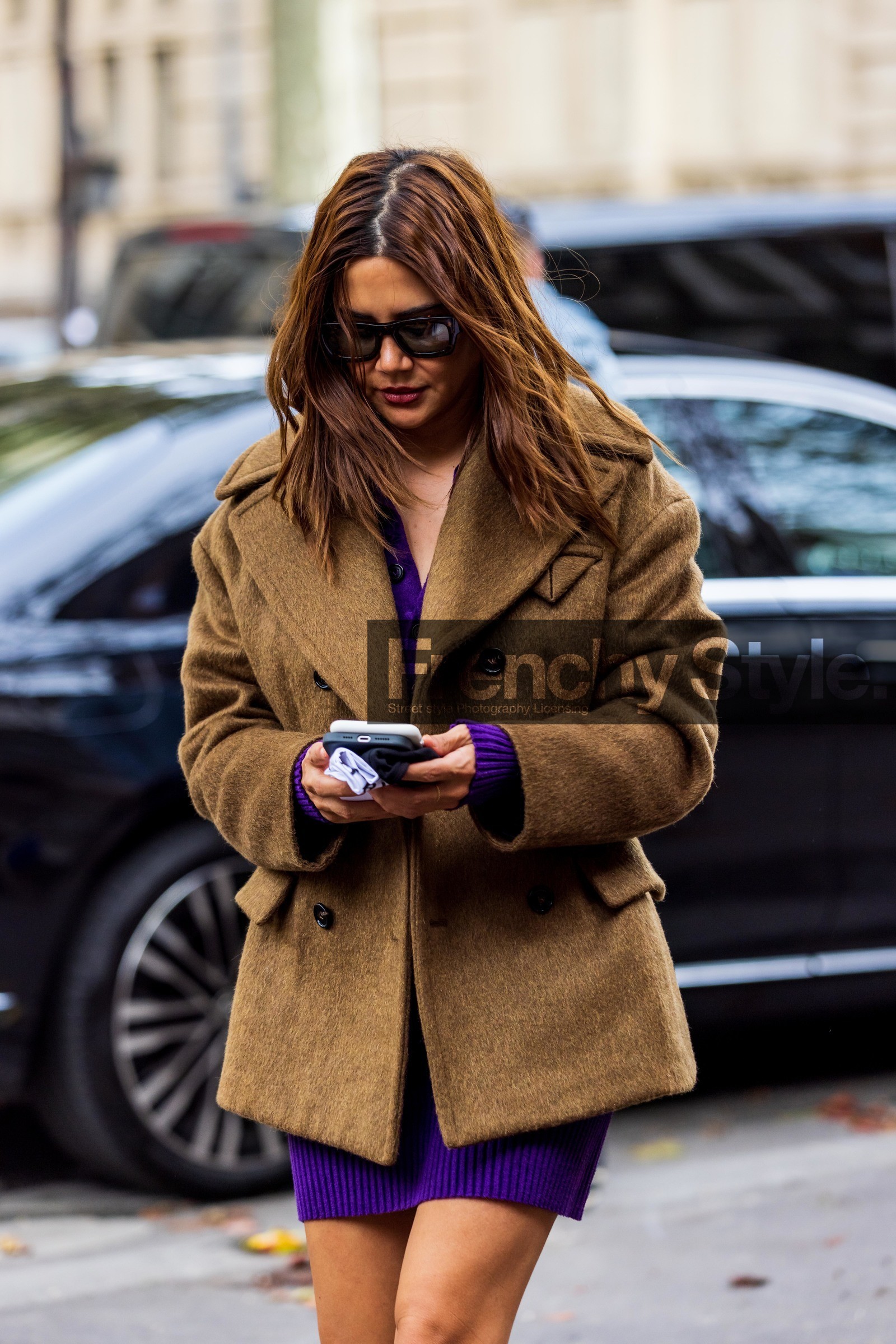 brown coat, Christine Centenera, coat, dress, purple dress, sunglasses, fashion week, frenchystyle, FW, jonathan paciullo, street style, PFW, PARIS, SPRING SUMMER 2022, SS 22, vertical, atmosphere details