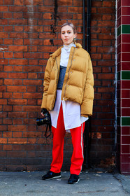 AUTUMN WINTER 2017-2018, AW 17-18, beige jacket, black shoes, black sneakers, camera, down jacket, FALL WINTER 2017-2018, fashion week, frenchystyle, full length, FW, FW 17-18, grey knit, jonathan paciullo, leather shoes, LFW, LONDON, red pants, street style, sweatpants, trousers, vertical, white shirt