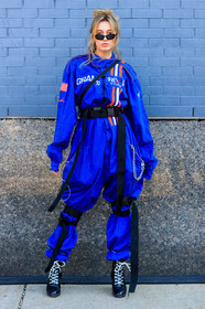 black boots, black shoes, blue jumpsuit, chains, high heels, leather shoes, printed jumpsuit, sunglasses, trousers, street style, jonathan paciullo, FW, frenchystyle, fashion week, NYFW, NEW YORK, AUTUMN WINTER 2018-2019, AW 18-19, FALL WINTER 2018-2019, FW 18-19, vertical, full length