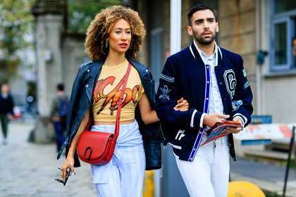 american, atmosphere details, black jacket, black perfecto, blue pants, blue shirt, curly hair, denim pants, detail, elaine welteroth, fashion week, frenchystyle, FW, horizontal, jeans, jonathan paciullo, leather bag, leather jacket, leather perfecto, MFW, MILAN, navy jacket, opening ceremony, over the shoulder, printed t shirt, red bag, red lips, SPRING SUMMER 2017, SS 17, street style, teddy jacket, trousers, white denim, yellow t shirt