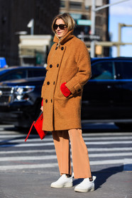 AUTUMN WINTER 2016-2017, AW 16-17, brown coat, camel jacket, camel pants, camille charriere, fashion week, fishnet, frenchystyle, full length, FW, FW 16-17, jonathan paciullo, leather sneakers, NEW YORK, NYFW, red clutch, silk pants, street style, sunglasses, vertical, white sneakers, woman
