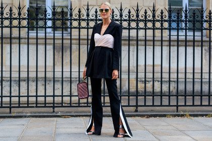black jacket, black pants, black suit, blazer, bordeaux, burgundy, bustier top, christian dior, graphic bag, leather bag, leather shoes, monogram, necklace, pink top, printed bag, red bag, silver shoes, trousers, PFW, fashion week, frenchystyle, FW, jonathan paciullo, street style, PARIS, horizontal, atmosphere details, full length, AUTUMN WINTER 2018-2019, FALL WINTER 2018-2019, FW 18-19, sofie valkiers