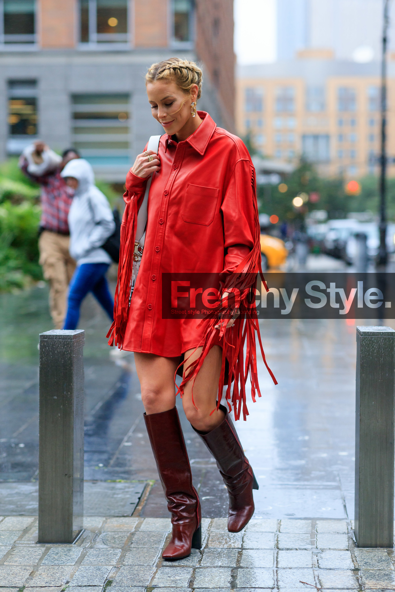 braids, brown boots, earrings, fringes, high boots, high heels, leather shirt, leather shoes, oversize, red shirt, fashion week, frenchystyle, FW, jonathan paciullo, street style, NEW YORK, NYFW, SPRING SUMMER 2020, SS 20, vertical, full length