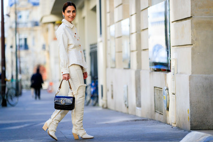 black bag, chloé, denim shirt, eva geraldine fontanelli, geraldine boublil, high boots, high heels, leather bag, leather shoes, trousers, white pants, white shirt, white shoes, fashion week, frenchystyle, FW, jonathan paciullo, street style, PFW, PARIS, AUTUMN WINTER 2019-2020, AW 19-20, FALL WINTER 2019-2020, FW 19-20, horizontal, atmosphere details, full length