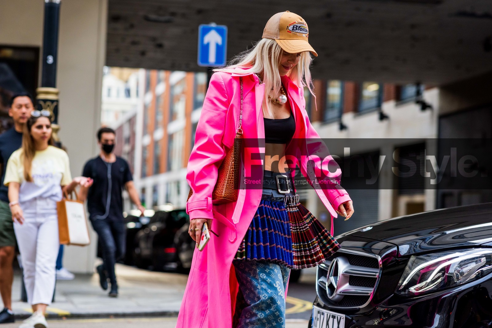 Jaime-Maree Shipton, denim, pink, trench, cap, mini skirt, pleated skirt, plaid shirt, print, handbag, bra, necklace, fashion week, frenchystyle, FW, jonathan paciullo, street style, SPRING SUMMER 2022, SS 22, LFW, LONDON, horizontal, atmosphere details, detail
