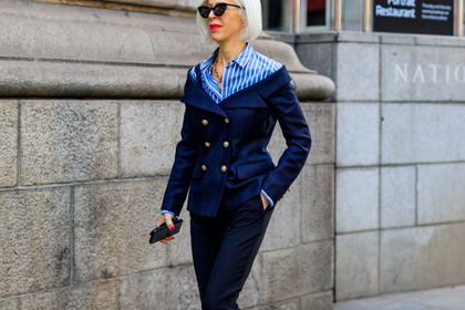 black pants, blazer, blue jacket, blue shirt, graphic shirt, necklace, off the shoulder, printed shirt, red lips, striped shirt, sunglasses, trousers, fashion week, frenchystyle, FW, jonathan paciullo, street style, LFW, LONDON, SPRING SUMMER 2019, SS 19, atmosphere details, horizontal, detail