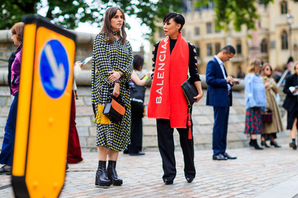 atmosphere details, balenciaga, black bag, black pants, black shoes, black top, checked dress, fashion week, frenchystyle, full length, FW, graphic dress, high heels, horizontal, jonathan paciullo, leather bag, leather shoes, LFW, LONDON, plaid, printed dress, printed scarf, red scarf, SPRING SUMMER 2018, SS 18, street style