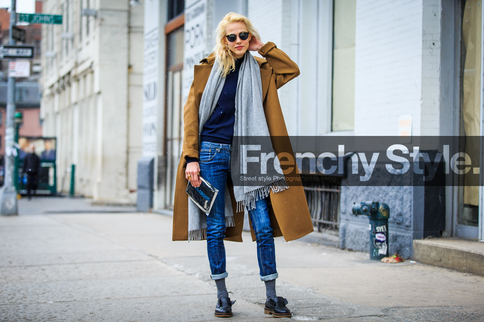 atmosphere details, AUTUMN WINTER 2016-2017, AW 16-17, aymeline valade, black shoes, blue denim, blue sweater, brogues, brown coat, camel jacket, denim pants, fashion week, frenchystyle, full length, FW, FW 16-17, grey scarf, horizontal, jeans, jonathan paciullo, leather shoes, model, navy sweater, NEW YORK, NYFW, street style, sunglasses, trousers, woman