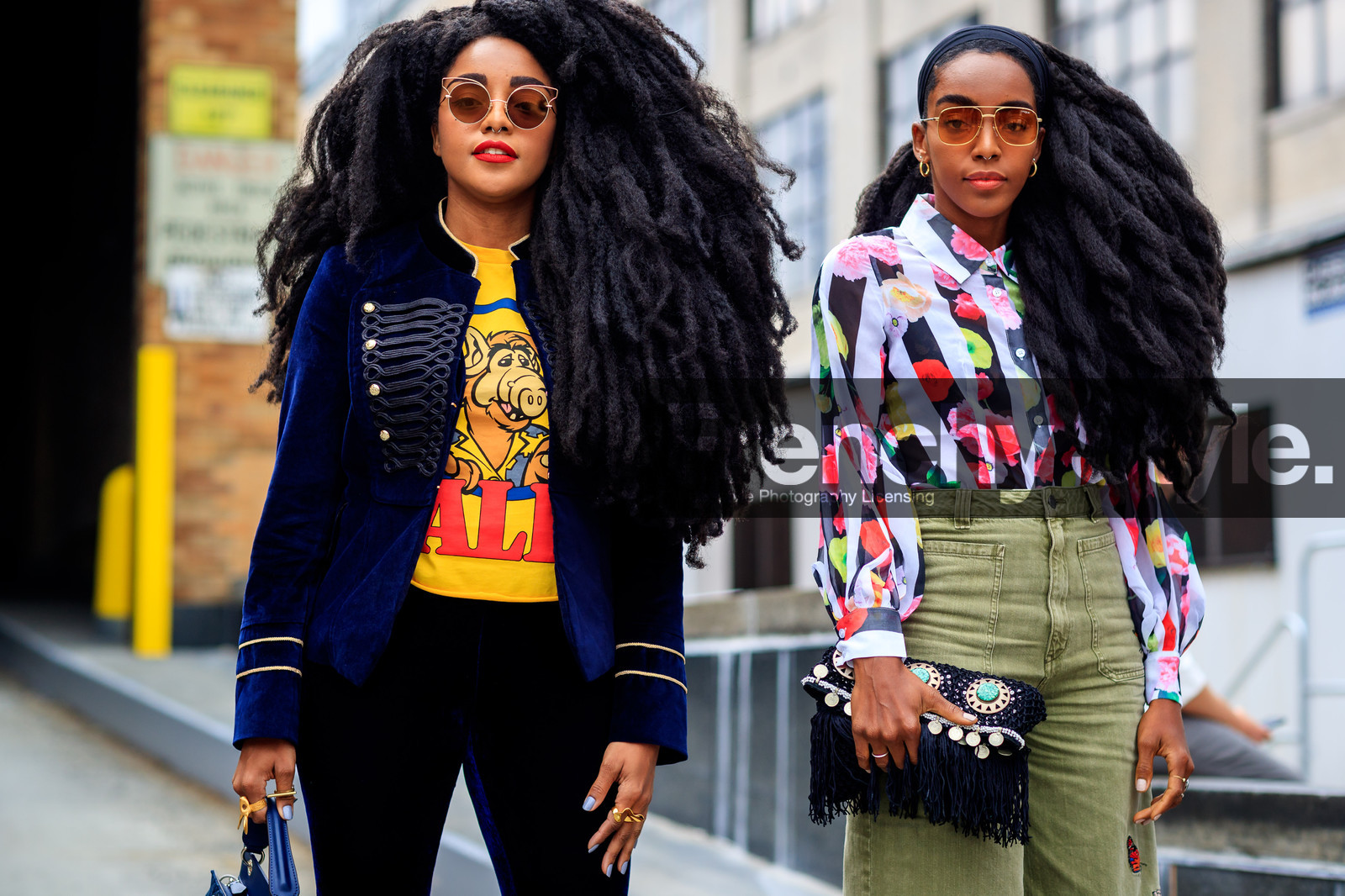 atmosphere details, black bag, blue bag, blue jacket, blue pants, Cipriana And Takenya Quann, detail, embroidered bag, fashion week, flowers, frenchystyle, fringes, FW, green pants, horizontal, jonathan paciullo, leather bag, NEW YORK, NYFW, printed shirt, SPRING SUMMER 2018, SS 18, street style, sunglasses, trousers, velvet, white shirt, yellow t shirt