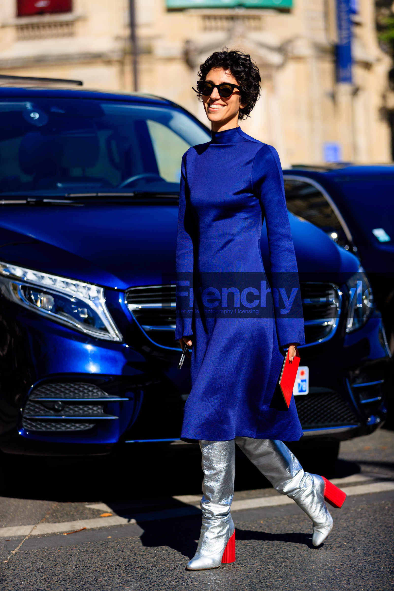 blue dress, fashion week, frenchystyle, full length, FW, high heels, jonathan paciullo, leather shoes, PARIS, PFW, red heels, shiny boots, silver shoes, SPRING SUMMER 2017, SS 17, street style, sunglasses, vertical, yasmin sewell