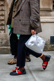 black loafers, black shoes, brown jacket, graphic jacket, leather bag, leather shoes, maison martin margiela, navy pants, printed jacket, red socks, trousers, white bag, street style, jonathan paciullo, FW, frenchystyle, fashion week, LFW, LONDON, AUTUMN WINTER 2019-2020, AW 19-20, FW 19-20, FALL WINTER 2019-2020, vertical, atmosphere details, detail