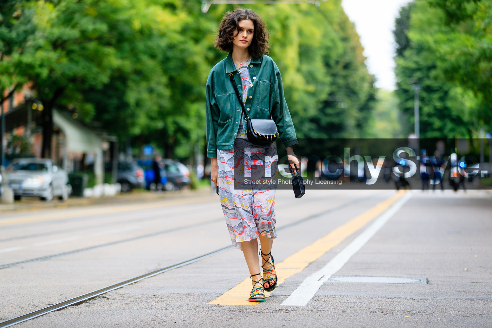 atmosphere details, black bag, black sandals, black shoes, camera, chloe hill, fashion week, frenchystyle, full length, FW, green jacket, horizontal, jonathan paciullo, leather bag, leather shoes, MFW, MILAN, printed dress, SPRING SUMMER 2017, SS 17, street style, trousers