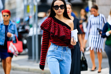 asymetric, atmosphere details, blue denim, denim pants, detail, fashion week, frenchystyle, FW, horizontal, jeans, jonathan paciullo, MFW, MILAN, one shoulder, printed sweater, red sweater, ruffle, SPRING SUMMER 2017, SS 17, street style, striped sweater, sunglasses, trousers, yoyo cao