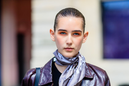 alexia bellini, atmosphere details, AUTUMN WINTER 2016-2017, AW 16-17, beige scarf, bordeaux, burgundy, detail, eyeshadow, FALL WINTER 2016-2017, fashion week, frenchystyle, FW, FW 16-17, HAUTE COUTURE, horizontal, jonathan paciullo, leather jacket, MENSWEAR, model, PARIS, PFW, portrait, printed scarf, pulled back hair, red jacket, skincare, street style, wet hair