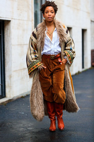 fur coat, long coat, striped coat, ethnic embroidered coat, ethnic printed coat, white shirt, lace shirt, corduroy pants, brown pants, belted pants, camel leather belt, camel leather boots, high boots, etro boots, etro coat, etro belt, etro pants, etro look, long necklace, golden necklace, multi necklace, hoop earrings, golden earrings, oversize coat, street style, jonathan paciullo, FW, frenchystyle, fashion week, MFW, MILAN, SPRING SUMMER 2021, SS 21, vertical, full length, model