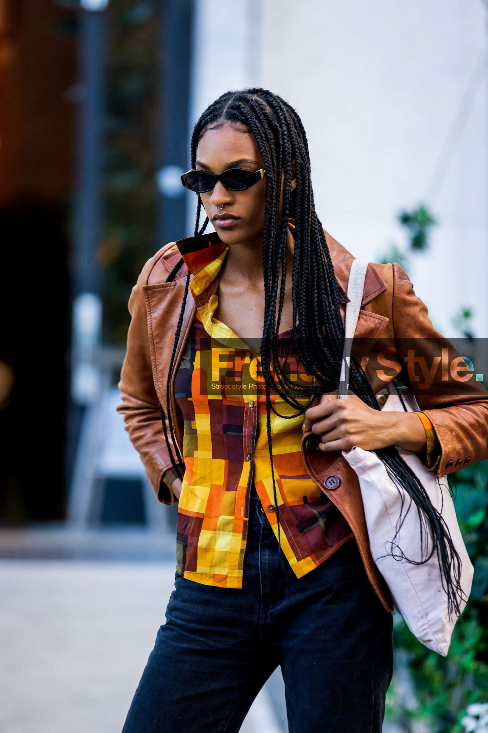 black denim, black jean, black sunglasses, braid, brown jacket, camel jacket, check, checked shirt, color, denim, jacket, jean, leather jacket, print, printed shirt, sunglasses, tote bag, yellow shirt, fashion week, frenchystyle, FW, jonathan paciullo, street style, PFW, PARIS, SPRING SUMMER 2022, SS 22, vertical, atmosphere details, model