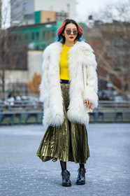 AUTUMN WINTER 2016-2017, AW 16-17, black boots, chanel, dyed hair, FALL WINTER 2016-2017, fashion week, frenchystyle, full length, fur coat, fur jacket, FW, FW 16-17, irene kim, jonathan paciullo, leather bag, leather boots, metallic skirt, NEW YORK, NYFW, pink hair, pleated skirt, street style, sunglasses, vertical, white bag, white fur, woman