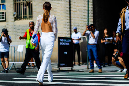 atmosphere details, back detail, blue bag, fashion week, frenchystyle, full length, FW, high waist, horizontal, jonathan paciullo, lace top, mirror effect, NEW YORK, NYFW, open back, open work, ponytail, see through, SPRING SUMMER 2017, SS 17, street style, sunglasses, trousers, white pants, white top, wide pants, woman