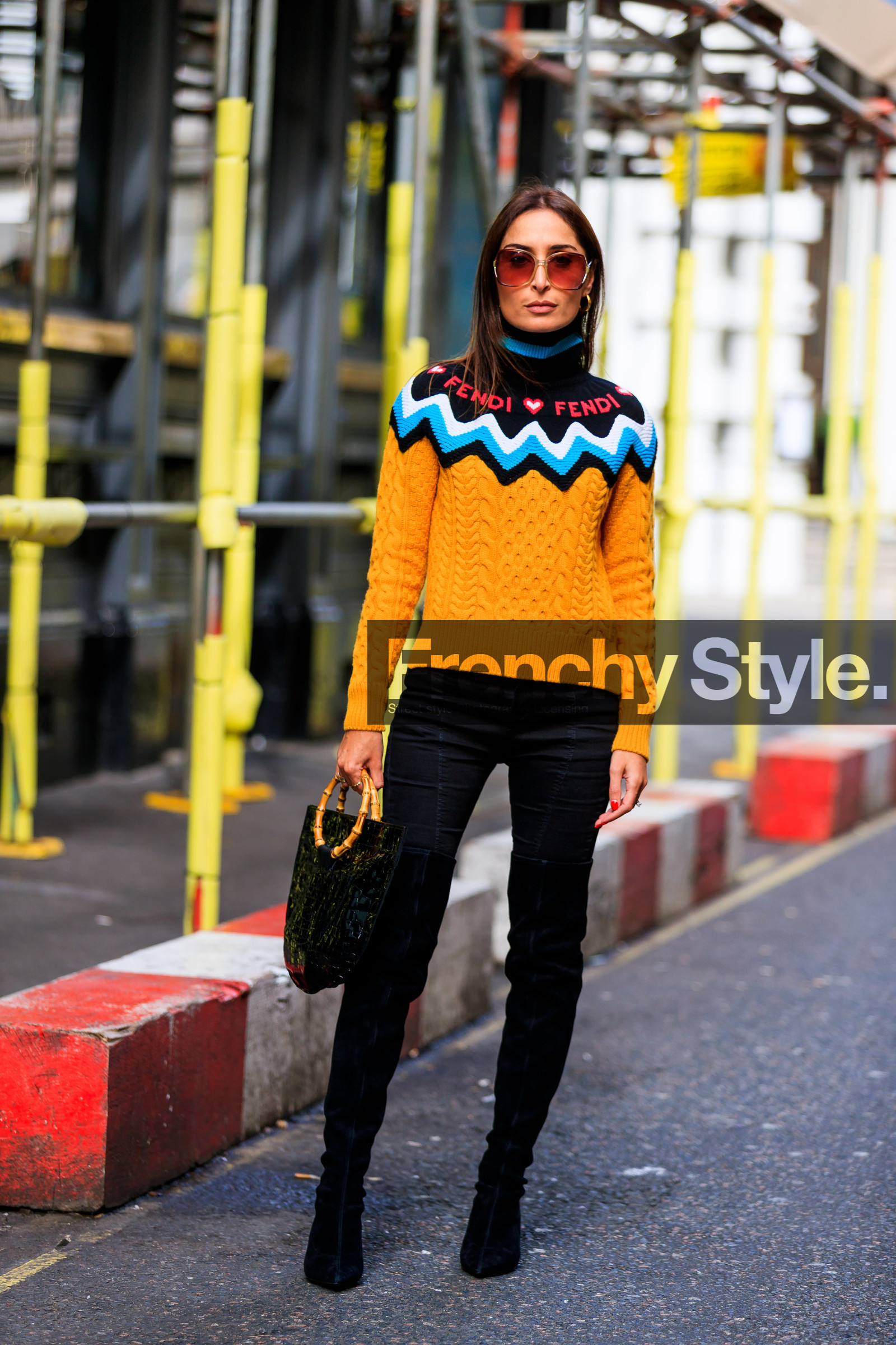 black bag, black denim, black shoes, denim pants, fendi, geraldine boublil, high boots, high heels, jeans, leather bag, leather shoes, orange sweater, sunglasses, trousers, fashion week, frenchystyle, FW, jonathan paciullo, street style, LFW, LONDON, SPRING SUMMER 2019, SS 19, vertical, full length
