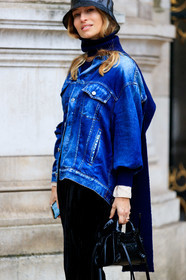 alexandra golovanoff, black hat, black pants, black leather bag, black polish bag, hand bag, mini bag, balenciaga bag, sheer hat, plastic hat, maison michel hat, denim, denim jacket, blue jacket, blue pullover, knit jacket, asymetrical jacket, velvet pants, stella mccartney jacket, fashion week, frenchystyle, FW, jonathan paciullo, street style, PFW, PARIS, vertical, atmosphere details, detail