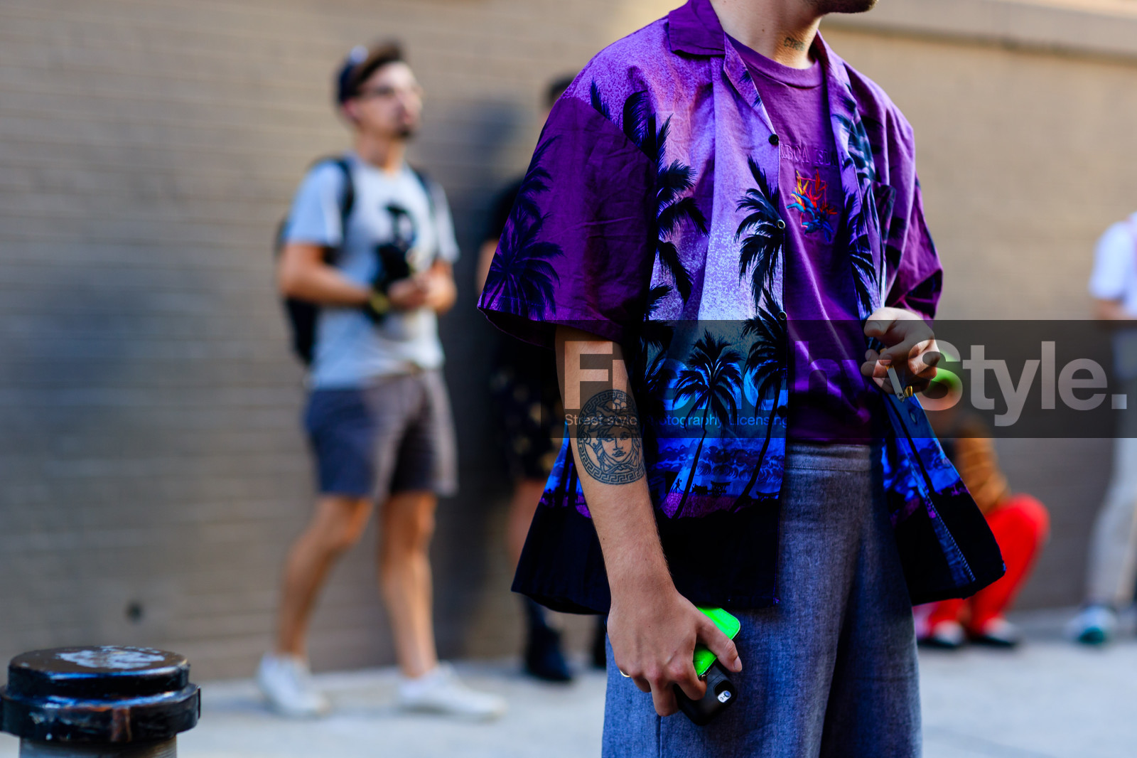 atmosphere details, detail, fashion week, frenchystyle, FW, grey pants, horizontal, jonathan paciullo, marc goehring, NEW YORK, NYFW, printed shirt, purple shirt, purple t shirt, SPRING SUMMER 2017, SS 17, street style, tattoos, trousers