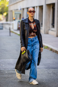bag, baggy jean, black bag, black coat, blue jean, brown crop top, brown top, coat, crop top, cut out top, denim, gucci bag, Hera Pradel, jean, leather coat, orange top, printed crop top, printed top, sneakers, sunglasses, white sneakers, street style, jonathan paciullo, FW, frenchystyle, fashion week, PFW, PARIS, SPRING SUMMER 2022, SS 22, vertical, full length