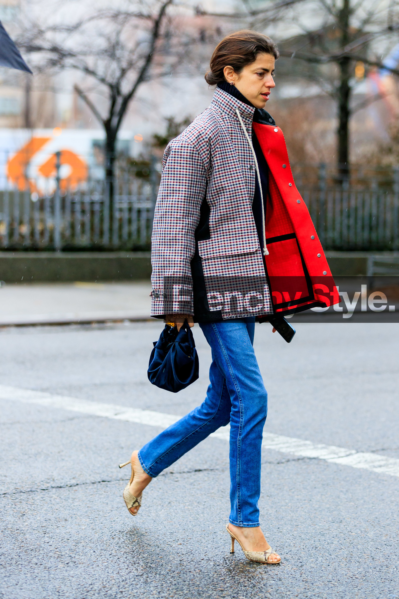 animal print, beige shoes, black bag, blue bag, blue denim, checked, denim pants, graphic jacket, high heels, jeans, leandra medine, leather bag, leather shoes, plaid, printed jacket, snake print, trousers, street style, jonathan paciullo, frenchystyle, NYFW, NEW YORK, AUTUMN WINTER 2019-2020, AW 19-20, FALL WINTER 2019-2020, FW 19-20, fashion week, FW, vertical, full length