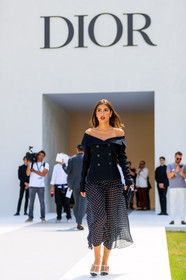 black and white shoes, black bag, black jacket, black skirt, blazer, christian dior, earrings, graphic skirt, high heels, leather bag, leather shoes, off the shoulder, polka dot, printed skirt, red lips, fashion week, frenchystyle, FW, jonathan paciullo, street style, PFW, PARIS, vertical, full length, AUTUMN WINTER 2018-2019, FALL WINTER 2018-2019, FW 18-19, patricia manfield