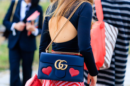 atmosphere details, black top, blue bag, detail, fashion week, frenchystyle, FW, geometric, graphic skirt, gucci, horizontal, jonathan paciullo, leather bag, MFW, MILAN, open back, open work, printed bag, printed skirt, red skirt, SPRING SUMMER 2017, SS 17, street style, striped skirt