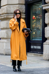 black bag, black shoes, céline, high heels, leather bag, leather coat, leather shoes, orange coat, sunglasses, trousers, street style, jonathan paciullo, FW, frenchystyle, fashion week, LFW, LONDON, AUTUMN WINTER 2019-2020, AW 19-20, FW 19-20, FALL WINTER 2019-2020, vertical, full length