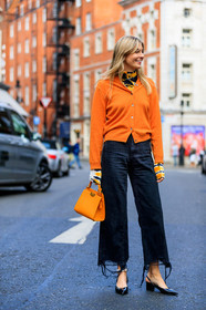 black denim, black shoes, camille charriere, denim pants, high heels, jeans, leather bag, leather shoes, orange bag, orange sweater, trousers, fashion week, frenchystyle, FW, jonathan paciullo, street style, LFW, LONDON, SPRING SUMMER 2019, SS 19, vertical, full length