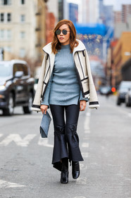 AUTUMN WINTER 2016-2017, AW 16-17, black boots, black pants, fashion week, frenchystyle, full length, FW, FW 16-17, grey clutch, grey sweater, high heels, jonathan paciullo, leather boots, leather clutch, leather jacket, NEW YORK, NYFW, shearling, sheep fur, silk pants, street style, sunglasses, vertical, white jacket, woman