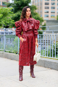 animal print, bordeaux, bow collar, burgundy, earrings, graphic dress, high boots, high heels, leather bag, leather dress, leather shoes, printed dress, red dress, red shoes, snake print, white bag, fashion week, frenchystyle, FW, jonathan paciullo, street style, NEW YORK, NYFW, SPRING SUMMER 2020, SS 20, vertical, full length