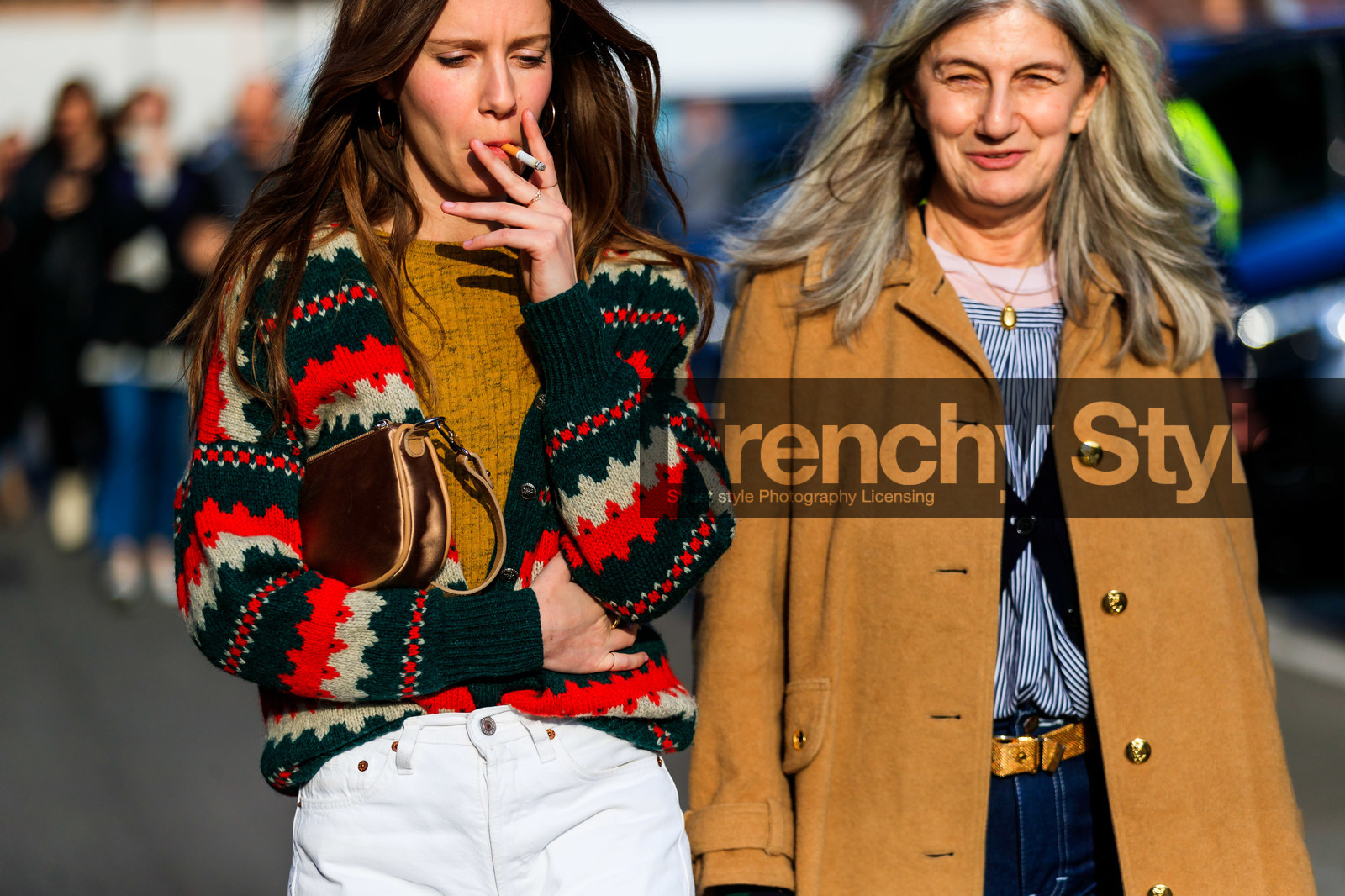 blue denim, blue shirt, bronze, brown bag, camel coat, denim pants, graphic jacket, green sweater, jeans, leather bag, printed jacket, trousers, white denim, fashion week, frenchystyle, FW, jonathan paciullo, street style, MFW, MILAN, AUTUMN WINTER 2019-2020, AW 19-20, FALL WINTER 2019-2020, FW 19-20, atmosphere details, detail, horizontal