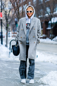 AUTUMN WINTER 2017-2018, AW 17-18, black bag, FALL WINTER 2017-2018, fashion week, fila, frenchystyle, full length, FW, FW 17-18, gosha rubchinskiy, grey coat, grey pants, grey sweater, hoodie, jonathan paciullo, leather bag, leather sneakers, NEW YORK, NYFW, street style, sunglasses, trousers, vertical, white sneakers