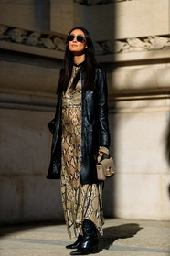 animal print, beige bag, black coat, black shoes, brown dress, chloé, graphic dress, high heels, justine lee, leather bag, leather coat, leather shoes, printed dress, snake print, sunglasses, PARIS, PFW, street style, jonathan paciullo, FW, frenchystyle, fashion week, AUTUMN WINTER 2019-2020, AW 19-20, FALL WINTER 2019-2020, FW 19-20, vertical, full length