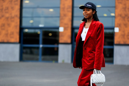 black cap, blazer, crop top, graphic bag, leather bag, monogram, printed bag, red jacket, red pants, red suit, trousers, vêtements, white bag, white top, fashion week, frenchystyle, FW, jonathan paciullo, street style, PFW, PARIS, atmosphere details, horizontal, detail, AUTUMN WINTER 2018-2019, FALL WINTER 2018-2019, FW 18-19