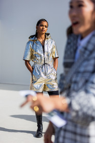 biker short, earrings, gold earrings, hoops, jumpsuit, lace up boots, short jumpsuit, silver jumpsuit, zipped jumpsuit, street style, jonathan paciullo, FW, frenchystyle, fashion week, PFW, PARIS, SPRING SUMMER 2022, SS 22, vertical, full length