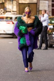 black bra, bottega veneta bag, bra, color, colorful coat, fur coat, green bag, heels, high waist pants, Leonie Hanne, oversize coat, patchwork coat, purple pants, purple shoes, purple sunglasses, quilted bag, sunglasses, purple coat, dark green coat, fashion week, frenchystyle, FW, jonathan paciullo, street style, MFW, MILAN, SPRING SUMMER 2022, SS 22, vertical, full length